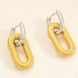 18k gold dipped two piece huggie hoop earring one gold oblong & one white gold